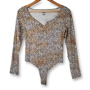 PINK Victoria's Secret Leopard Print Long Sleeve Bodysuit Tan Black Size Small